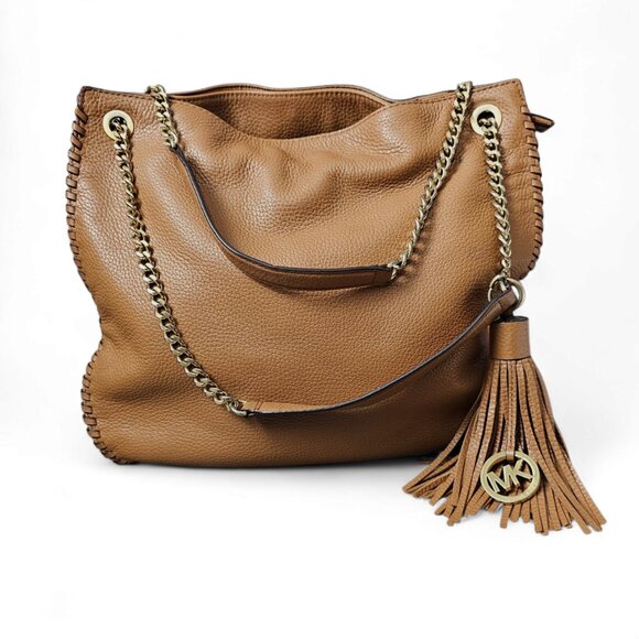 MICHAEL KORS Whipped Chelsea Brown Leather Gold Chain Large Shoulder Bag COA - Picture 1 of 15